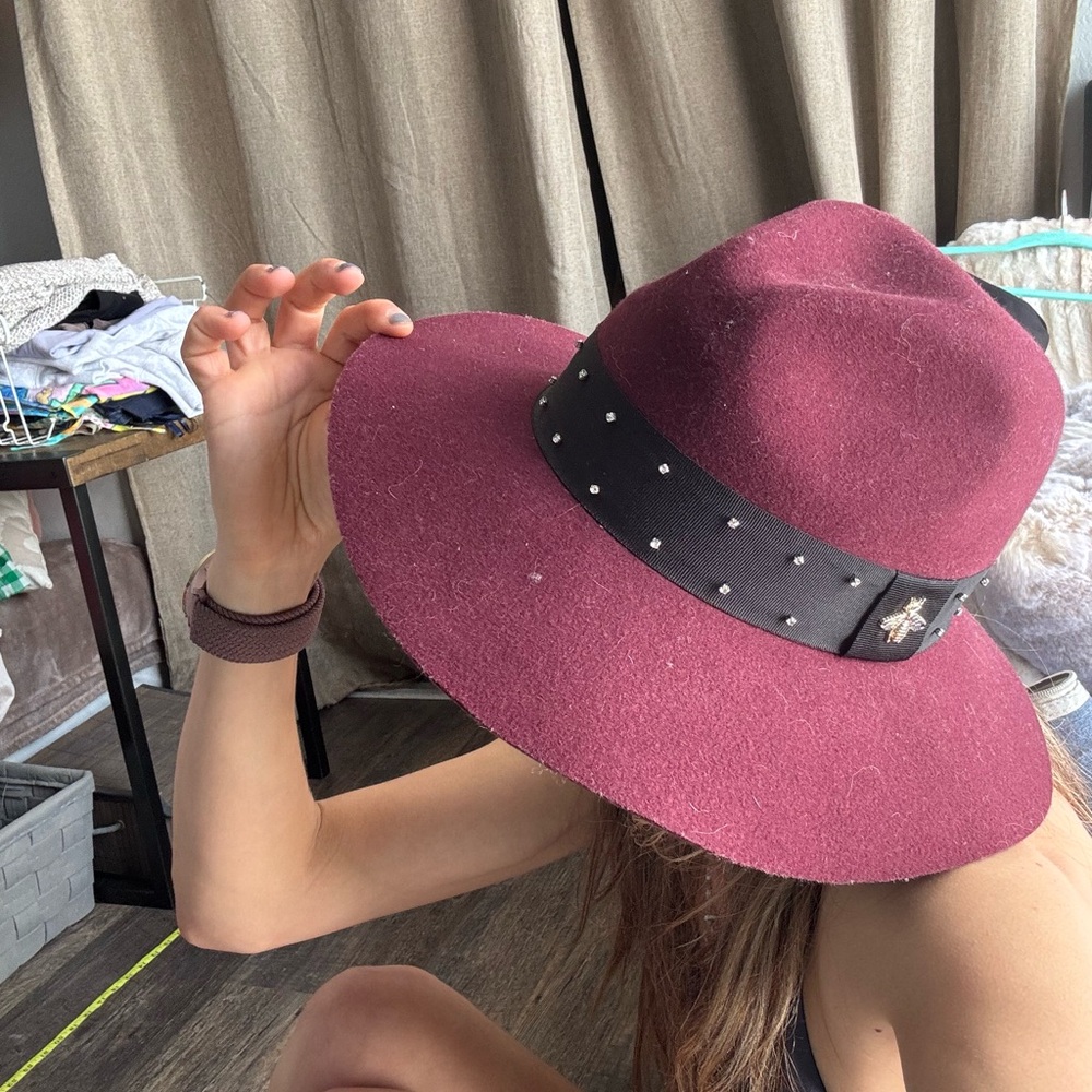 Scala Burgundy Wool Hat With Honey Bee and Gemstone head band.